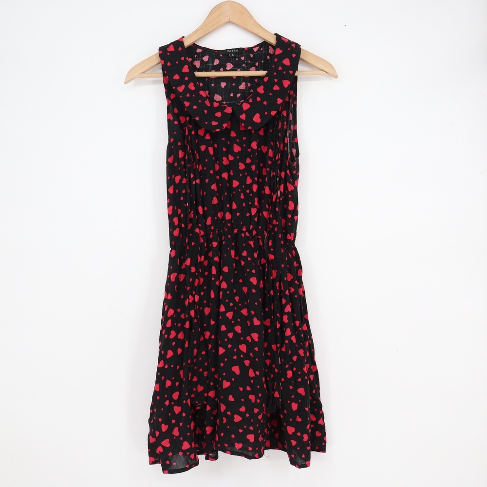 Verty Heart Print Peter Pan Collar Sleeveless Mini Dress Black Red Large